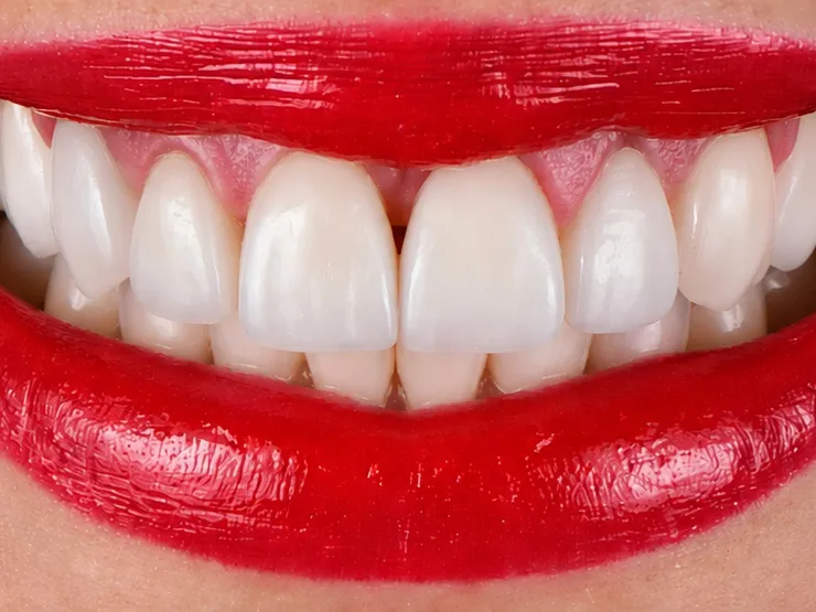 After: the same smile with bright, even porcelain veneers on the upper front teeth